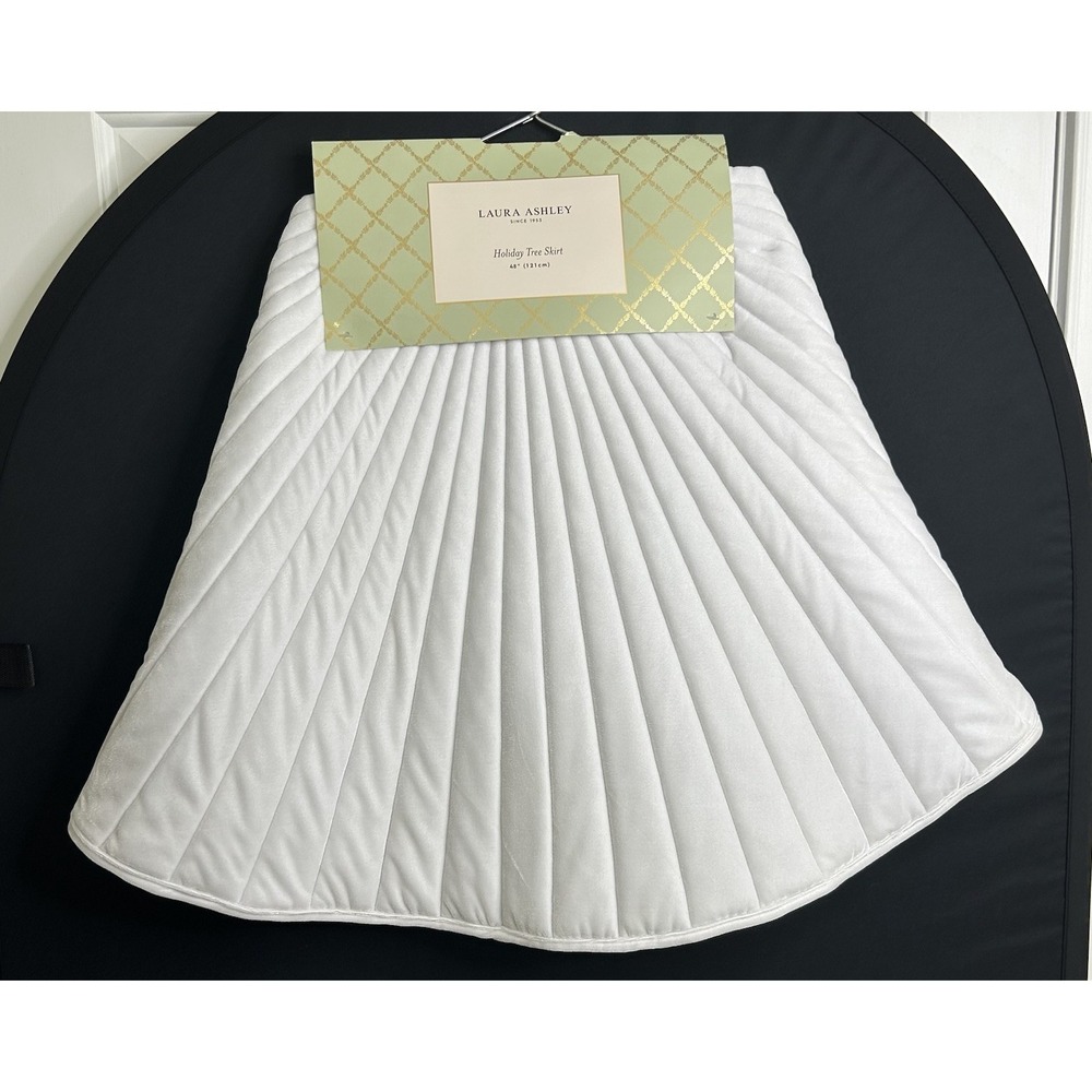 Laura Ashley Christmas Tree Skirt 48in White Holiday Stitched Stripes NEW